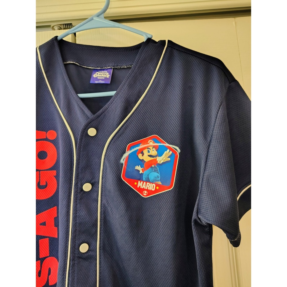Super Mario Galaxy Movie Baseball Jersey Kids Large Navy Blue Lets-A Go Graphic - Picture 2 of 7